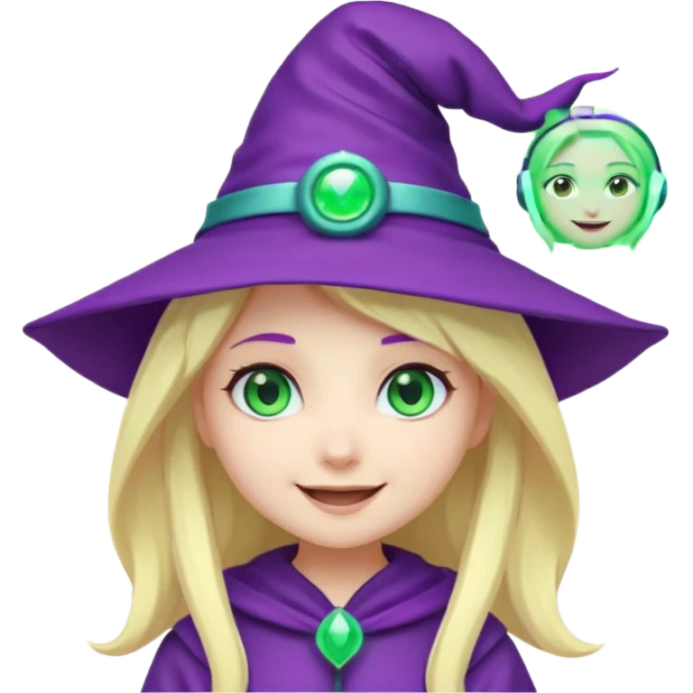 Make a blonde girl with green glowing headset on with teal eyes and a purple haired girl with green eyes waering a purple wit hes hat haveing fun , make them a chibi emoji page emoji