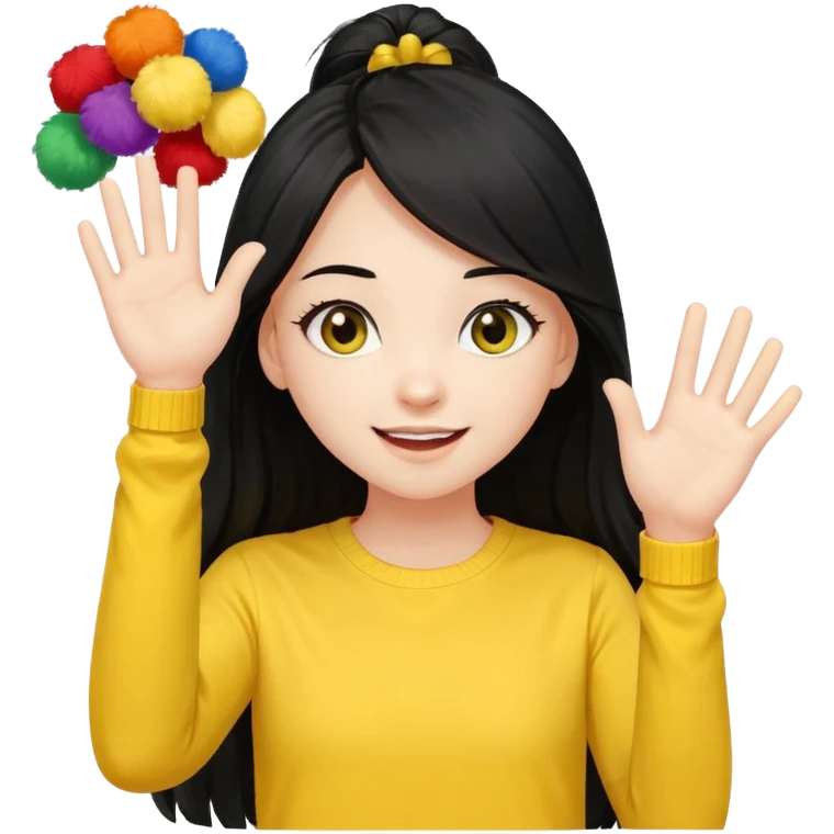A long black hair teen girl waving pom-poms, eyes sparkling with excitement, yellow top emoji