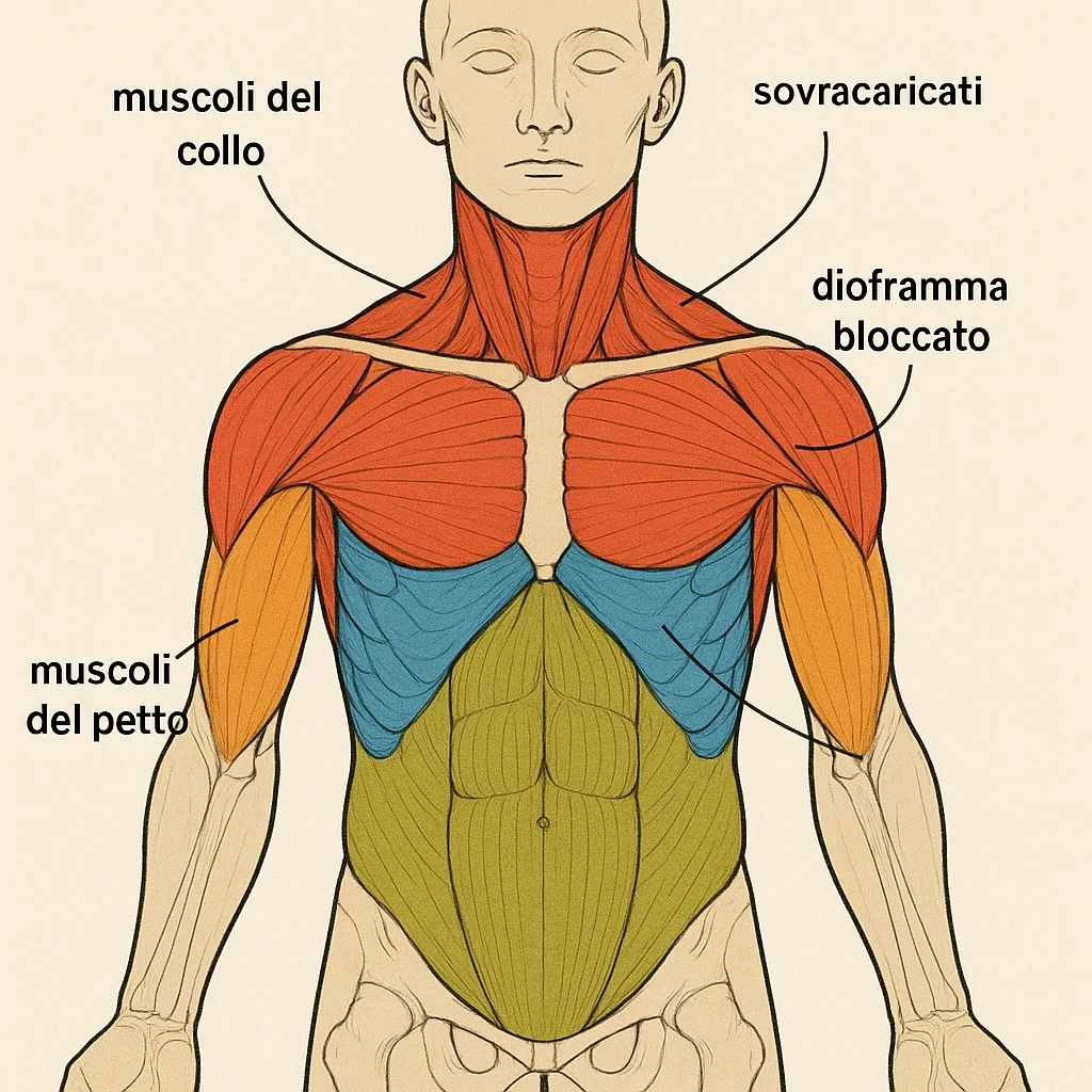 vista anteriore del busto umano con diaframma bloccato, muscoli del collo e scapole sovraccaricati, colori diversi per ogni area, didascalia in italiano emoji