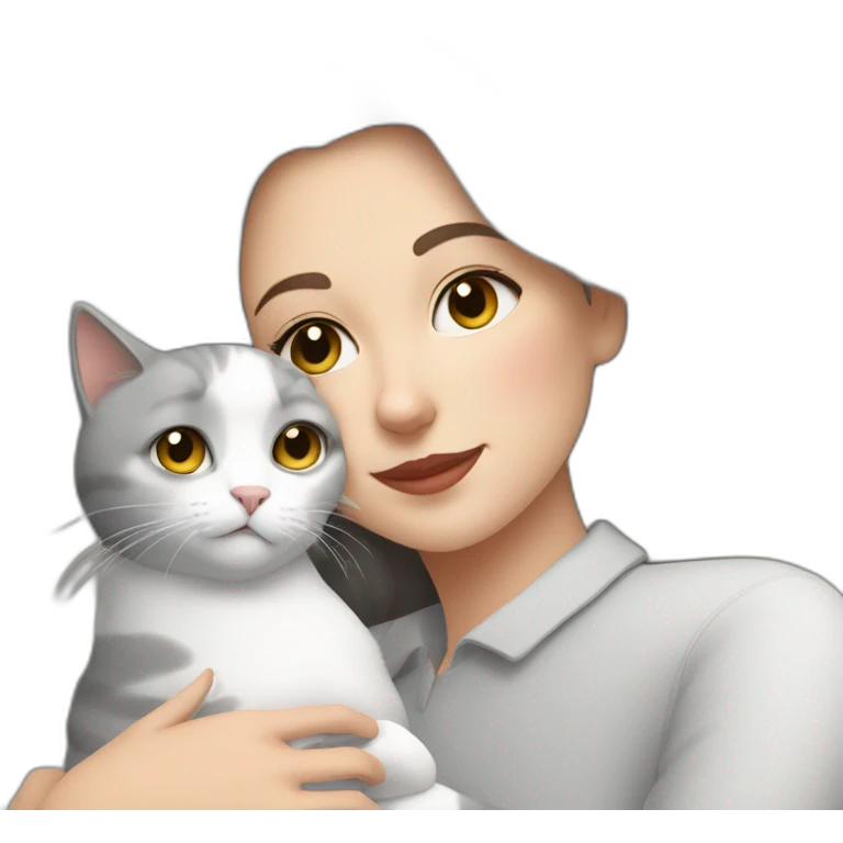 White grey cat cuddling brunnette lady emoji
