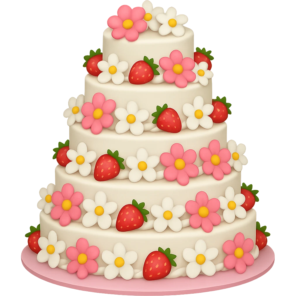 Add even more pink and white flowers to the white wedding cake with strawberries, no topper, in emoji style, with no background. The style should resemble emoji style with vibrant colors and simple shapes. emoji