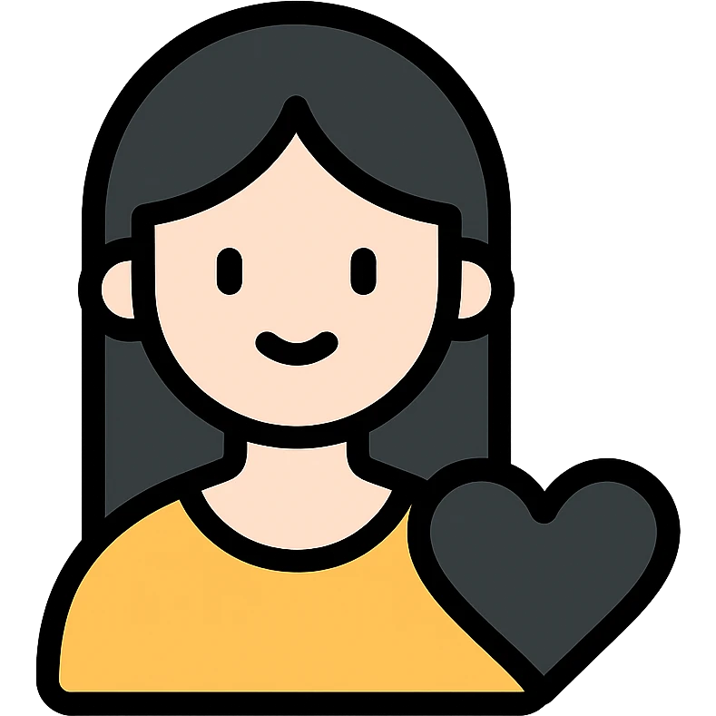 pale girl with long black hair and a black heart emoji