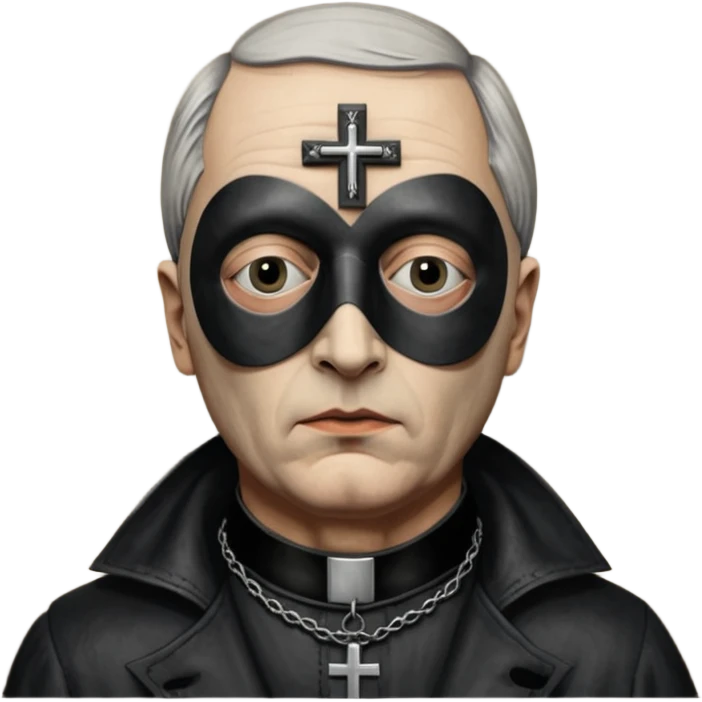 cinematic ultra HD portrait of Joel-Peter Witkin,  he wears a small black mask, a small crucifix is ​​sewn onto the black mask between the eyes of the portrait, he wears a worn leather coat emoji