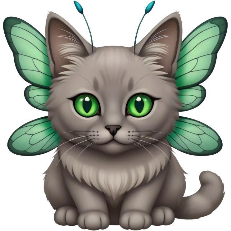 dark gray ragdoll Cat with dragonfly wings antennae green eyes emoji