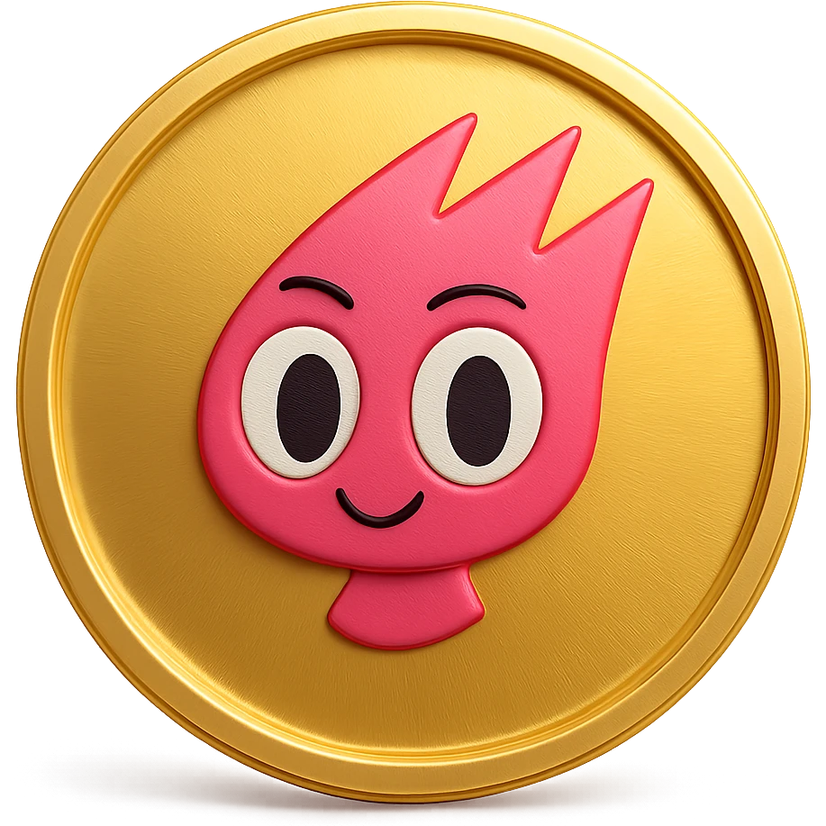 Create a simple flat gold coin with a thin rim and transparent background, no shadows. The coin features only the mascot's head from the provided image, centered and in pink color. No neck or extra details, just the head. emoji