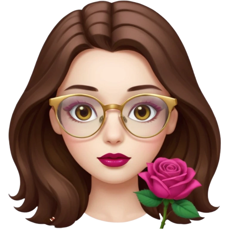 Beautiful pale brunette girl with soft hazel-brown eyes, long pretty lashes, and glossy raspberry lips, long hair and golden rose glasses  emoji