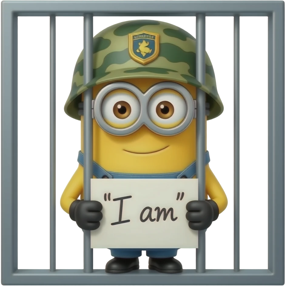 Minion vestindo uniforme militar na prisão manda mensagem dizendo que está emoji