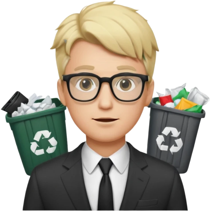 Blonde man with square glasses and suit, trash on hair emoji
