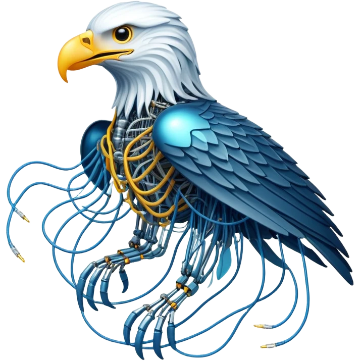 A high-tech eagle made of electric wires and cables with rubber scales that reveal its electric skeleton, possessing both jellyfish-like tendrils and the ability to generate electrical pulses that illuminate the ocean depths. emoji