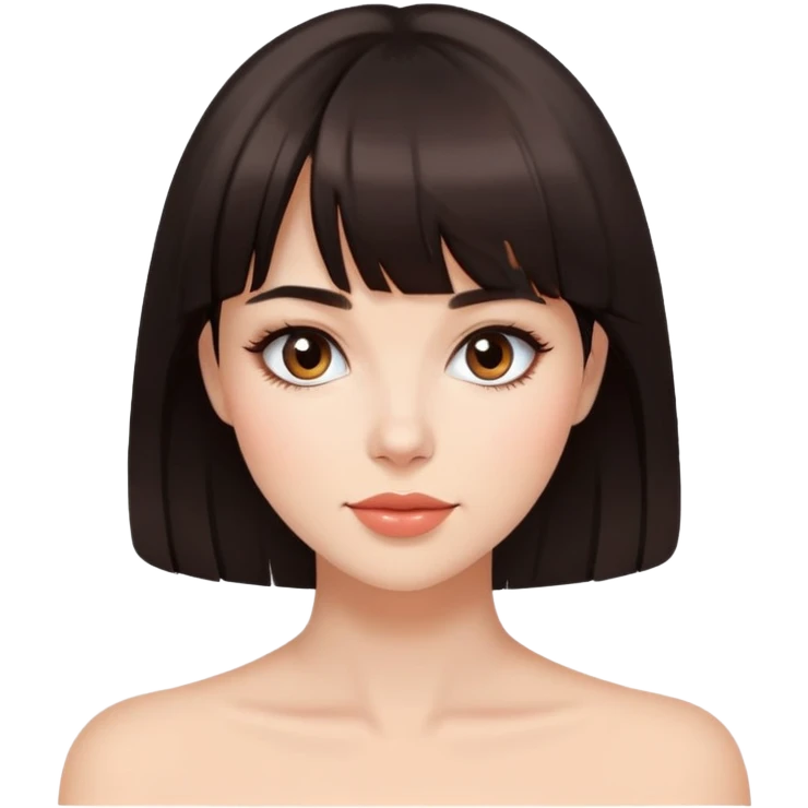 Beautiful woman with dark brown bangs, minimal makeup, charming expression emoji