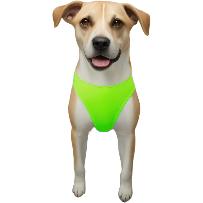 A dog, NOT HUMAN, modeling her neon green bikini on the beach for a magazine cover photo shoot emoji
