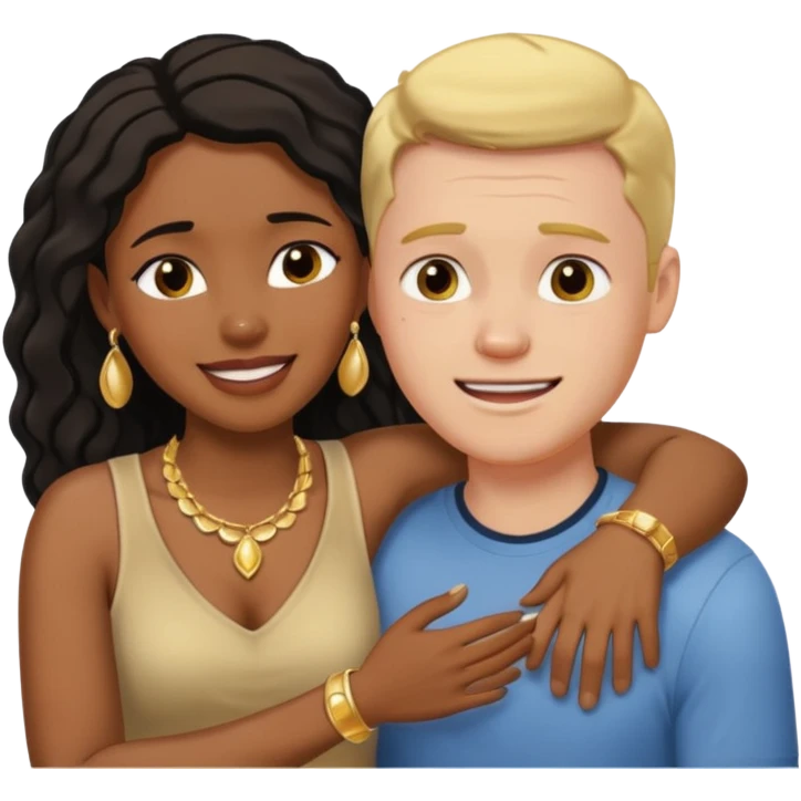 interracial couple. Black smiling woman with nice jewelry. White man crying with his arm around her shoulder. emoji
