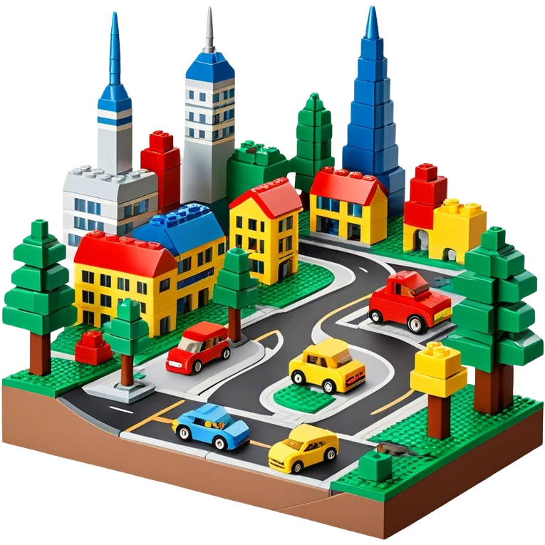 A photorealistic icon featuring a cityscape built from colorful LEGO bricks, with LEGO buildings, roads, cars, and trees. The design highlights the intricate details of the LEGO structures, capturing the creativity and fun of building with LEGO. Transparent background. emoji