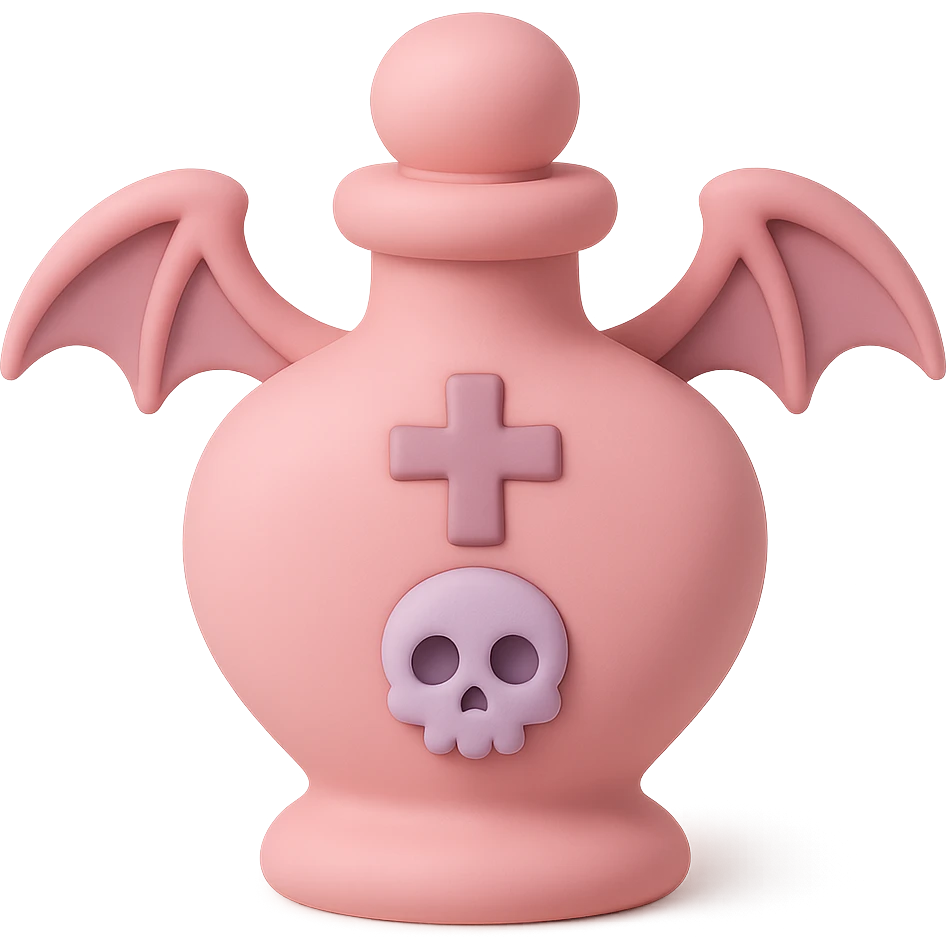 Create another pink goth potion bottle in mochi style, with a different bottle shape and new gothic details. Keep the soft and cute gothic look, no background. emoji