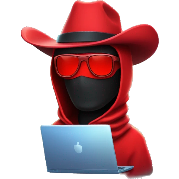 developer behind his laptop with this style :  neon glowing bright red character dark wearing red balaclava assassin themed character sunglasses with big red cowboy hat emoji