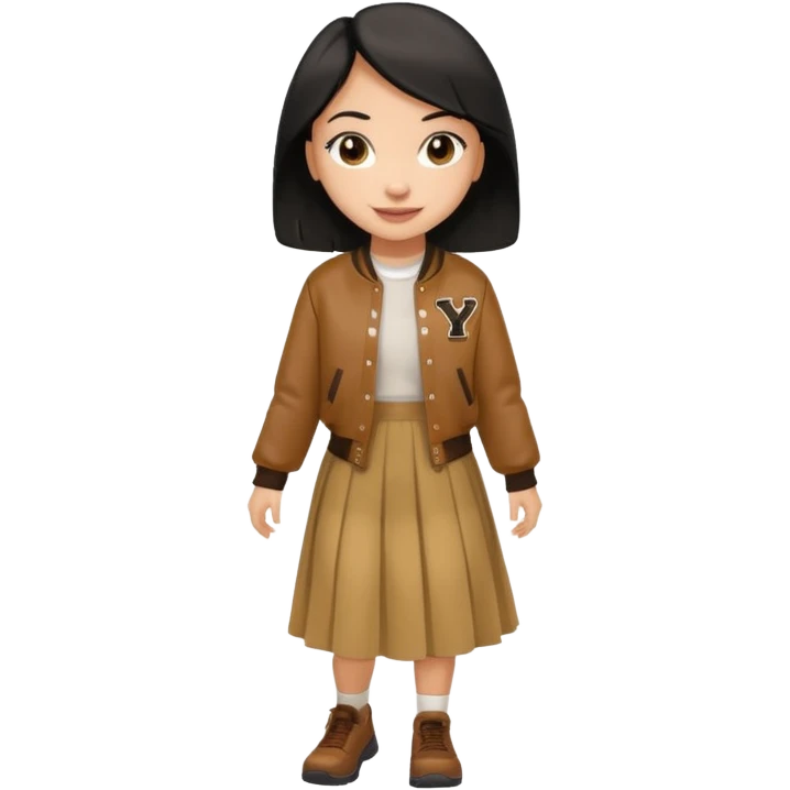  light skin, black cololong hair girl with brown varsity jacket and long skirt walking  emoji