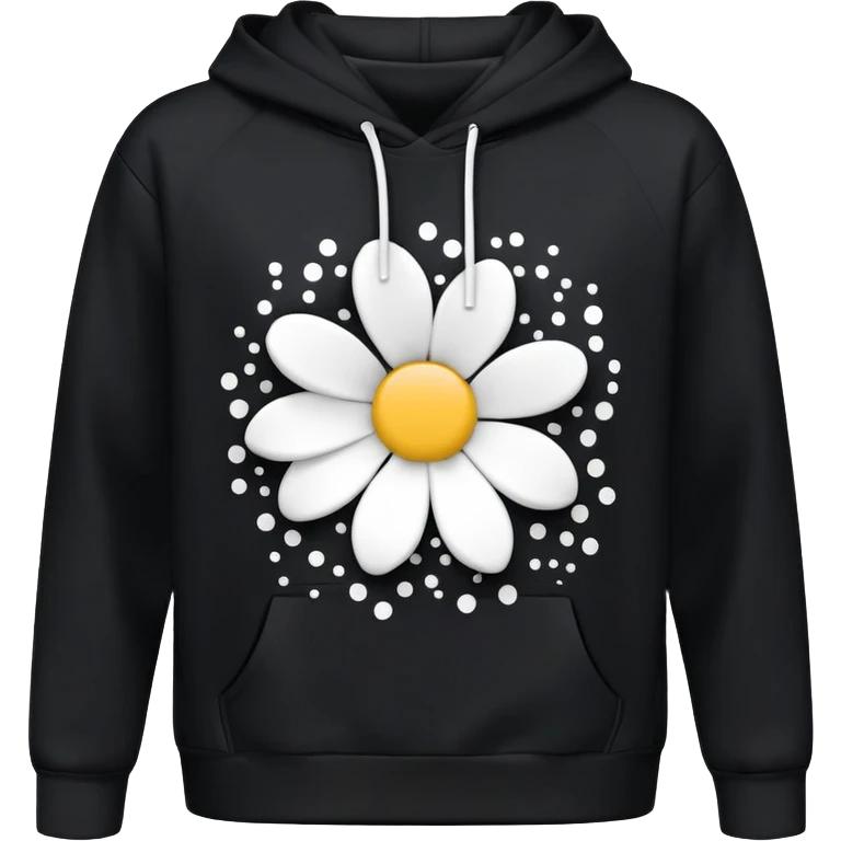 The BLACK Hoodie has a solid black base, accented with distinctive white open flower spots. Each flower has an empty space in the center, creating a hollow, ring-like appearance. These patterns are scattered across the hoodie for a bold and unique design. emoji