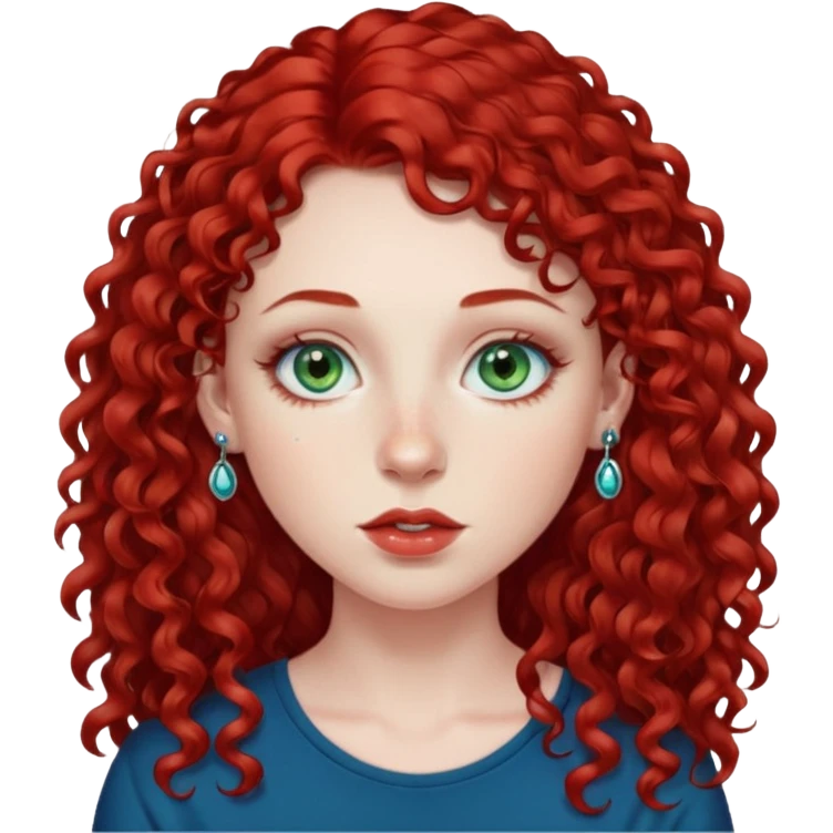 Red curly long hair with side fringe woman, pale skin, green/blue eyes, lower right lip piercing stud, nostril nose stud emoji