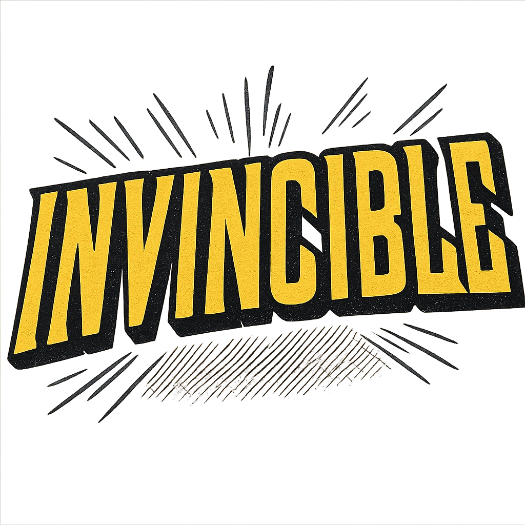 the word 'Invincible' in a dynamic, action-packed comic book style, yellow letters with black outline, no background emoji