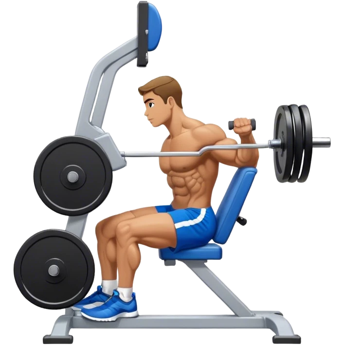 side-view bodybuilder in blue shorts seated weighted calf-raise machine lower leg exercise emoji