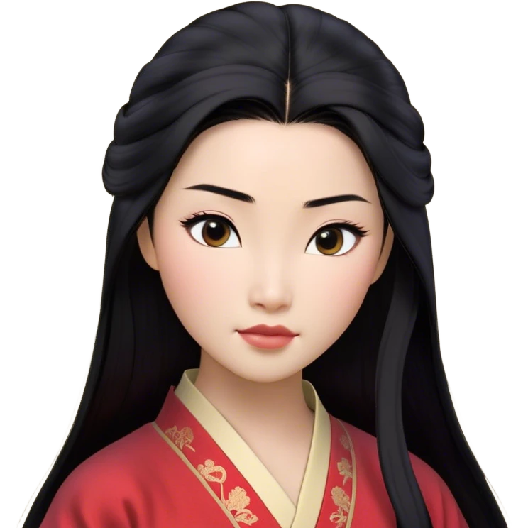 Cinematic Realistic Mulan Portrait, depicted with lifelike skin texture, soft natural lighting, and intricately detailed long black hair styled elegantly. Her deep, expressive eyes exude determination and grace, complemented by a serene yet confident expression. She is dressed in her classic attire, with rich fabric textures and delicate folds that catch the light beautifully. The portrait features a soft, enchanting glow with a natural, radiant finish, capturing the essence of timeless strength and beauty in a realistic and painterly style, evoking a sense of depth and authenticity. emoji