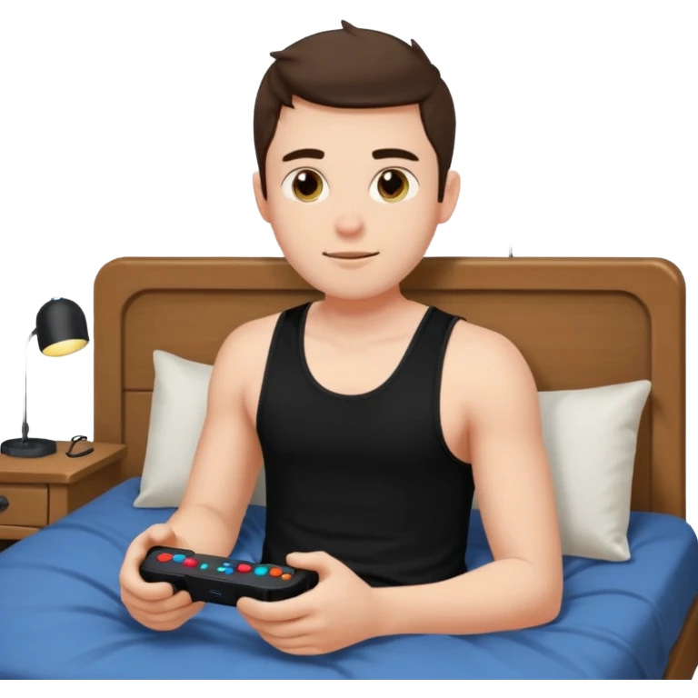 my boyfriend in his bed with a black singlet on playing video games emoji