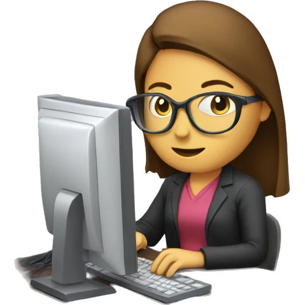 a woman working on a computer with grlases and dark long ha emoji