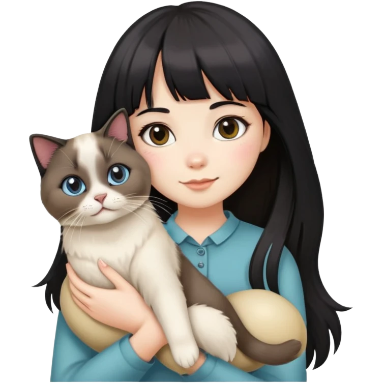 A black-haired girl with straight bangs holding a seal bicolor Ragdoll cat emoji