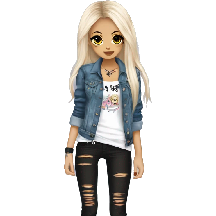 hime gyaru girl, goth, tattoos, long straight scene-style hair, white v neck tee with grunge jean jacket on as well emoji
