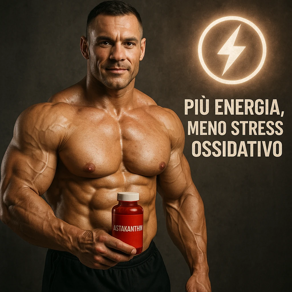 hyper realistic bodybuilder with astaxanthin and energy symbol, well visible muscles, red bottle, text 'Più energia, meno stress ossidativo', motivational atmosphere, realistic details emoji