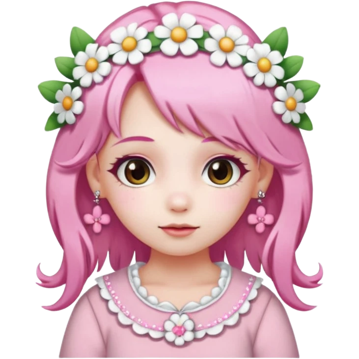 A girl with pink and white hair, adorned with flowers as hair accessories, wearing My Melody clothing. emoji