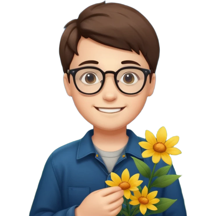smiling boy with glasses at night holding wildflowers emoji