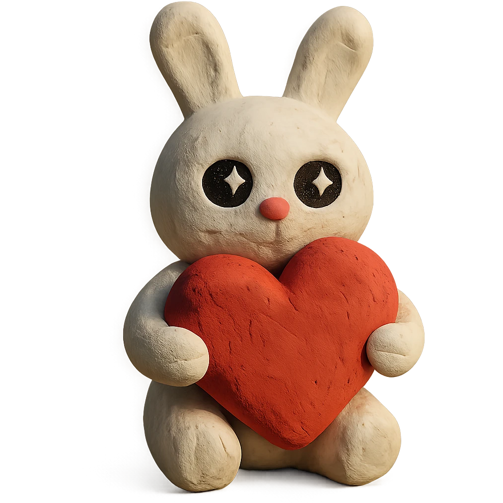 white bunny holding a big heart with sparkling eyes, claymation style emoji