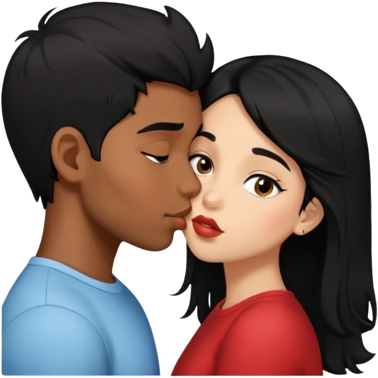Black haired brown skinned boy kissing a black haired light skinned girl emoji