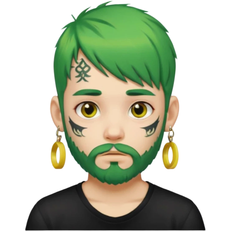 boy with bangs and green hair and yellow small hairtie on side and earrings and very heavy face tattoos and beard emoji