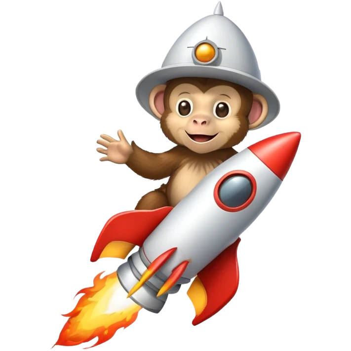 happy monkye in a hat flying in a rocket with fire emoji
