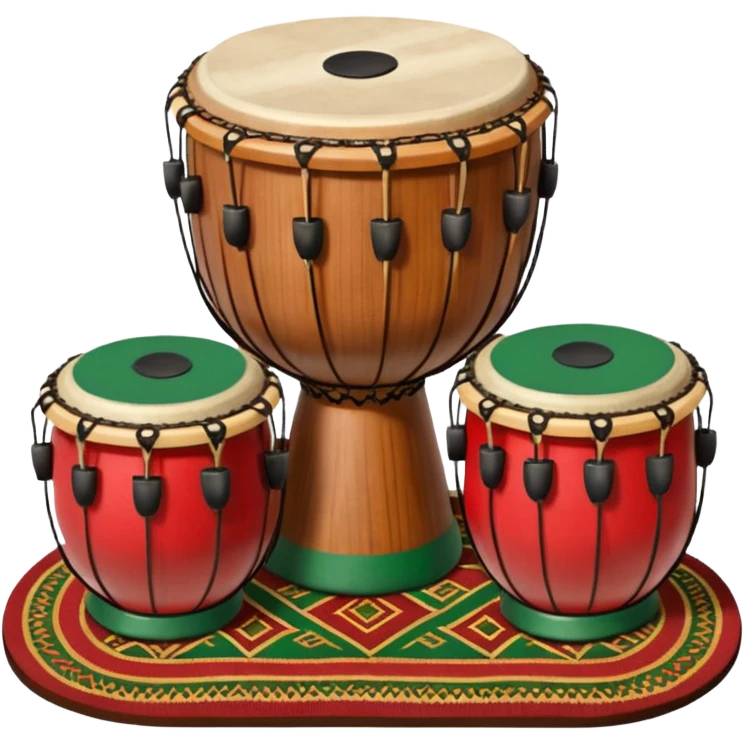 A traditional Pashto tabla (dobrai) placed on a woven mat, with cultural Pashtun patterns in the background. The tabla is wooden with leather drumheads, and vibrant traditional colors like red, green, and gold. Ethnic, folk music theme. emoji