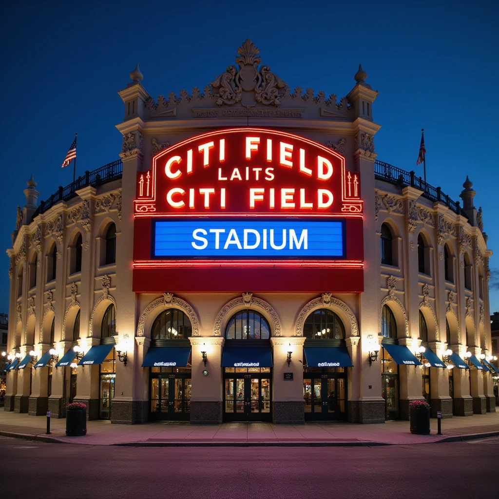 cinematic, realistic emoji of the front facade of Citi Field Stadium in New York, featuring majestic, ornate architecture, lifelike detail, bright lighting, the lights in its name sign lit, accurate colors, transparent background emoji