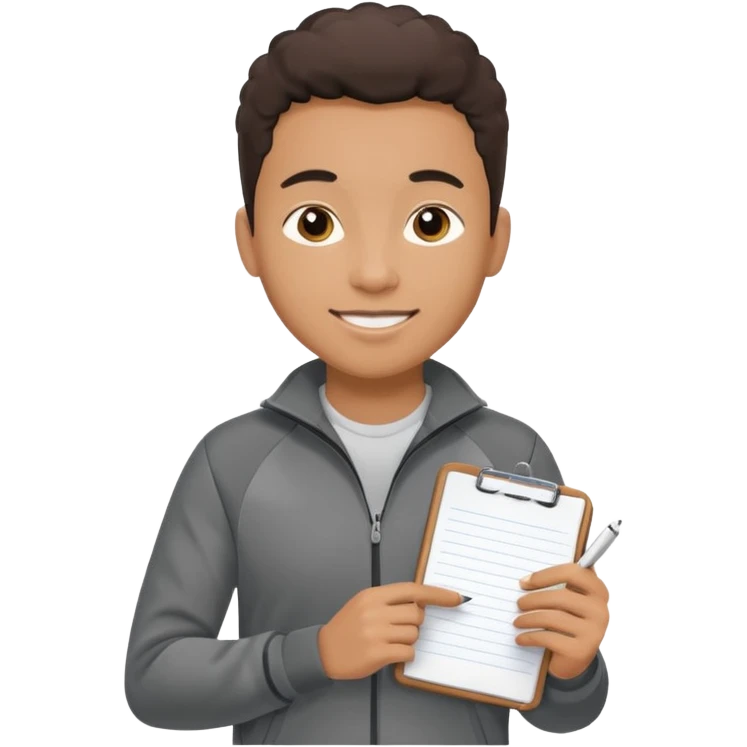 A young coach with a notepad, encouraging players with a confident smile. emoji