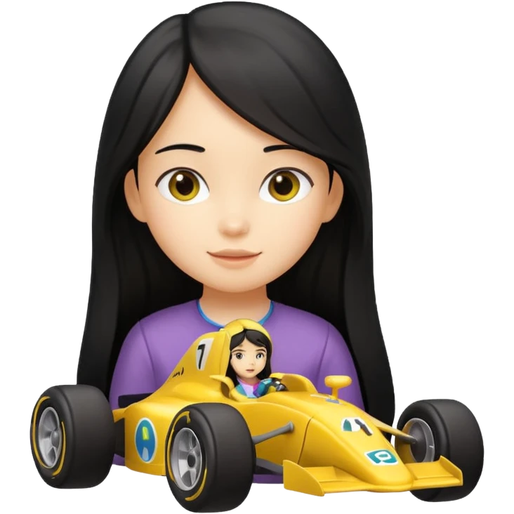 black long black haired girl kid playing yellow colored formula 1 car toy emoji
