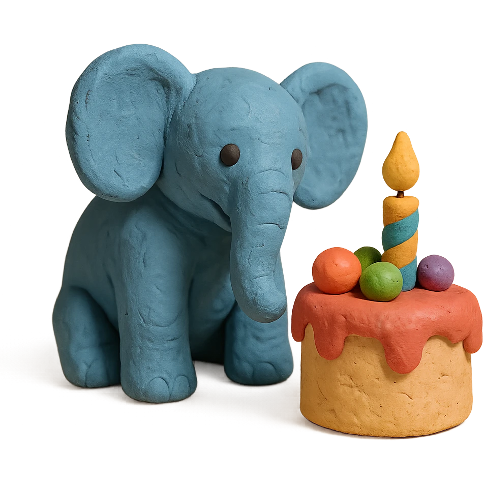 elephant beside one colorful candle-lit fruit cake, claymation style emoji