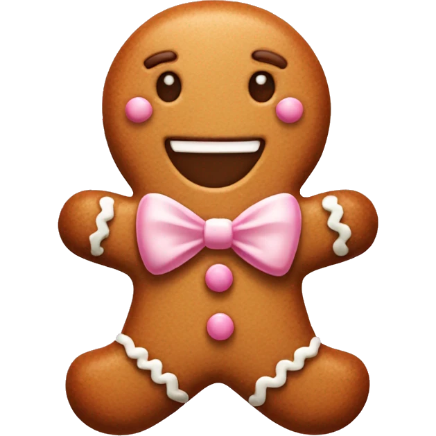Gingerbread man with a light pink  bow who is smiling emoji