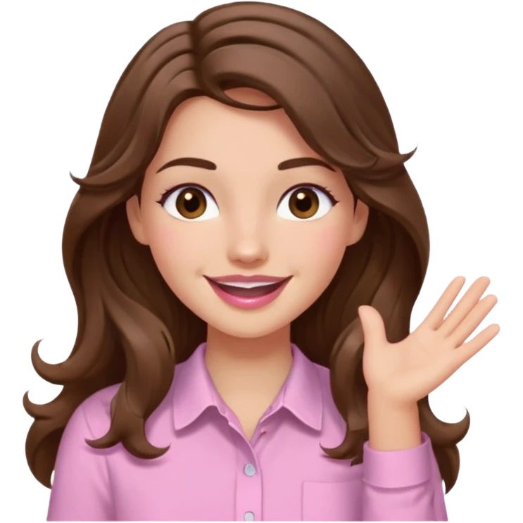 girl with wavy long brown hair, brown eyes, light to medium complexion, long lashes, light pink lipstick, smiling, wearing light pink shirt, slapping emoji