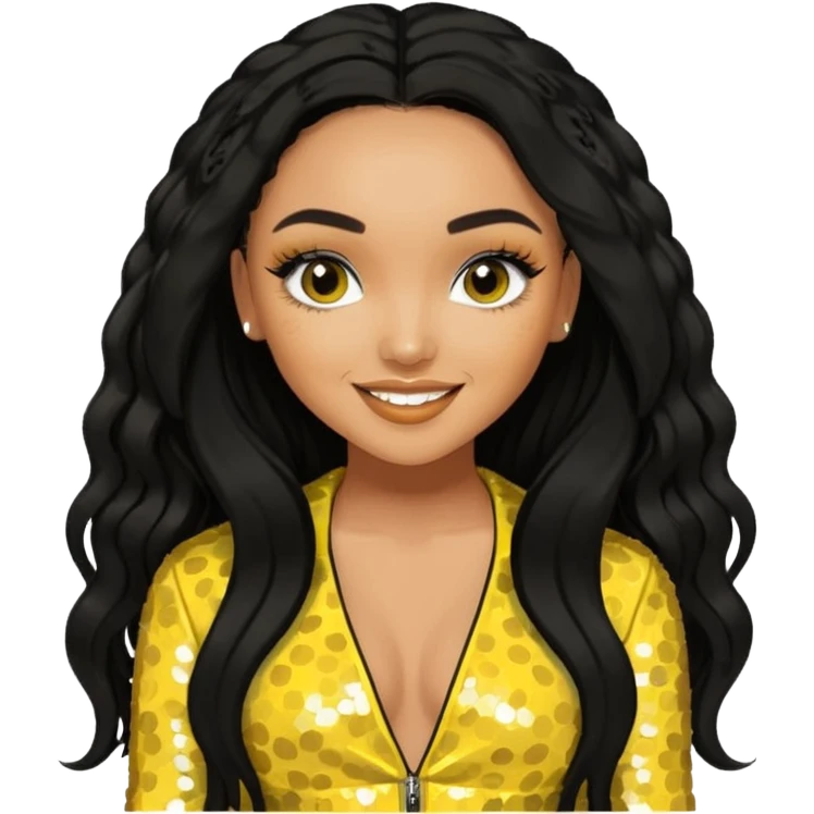 Leigh-Anne Pinnock from Little Mix with long black hair, yellow sequin outfit emoji