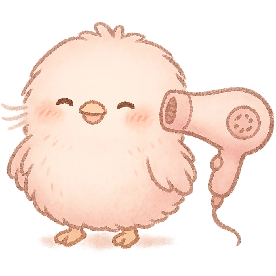 chibi cute soft fluffy hair dryer bird, blowing gentle air, happy face, soft pink, full-body emoji