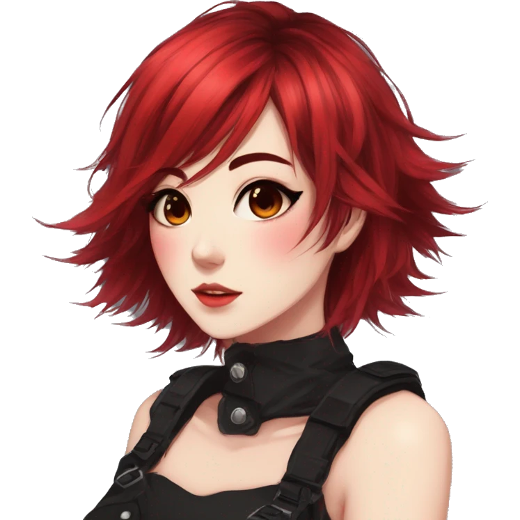 Gorgeous anime style lady with blushing face aesthetic and pretty edgy black red punk hair with hair garment trending style emoji