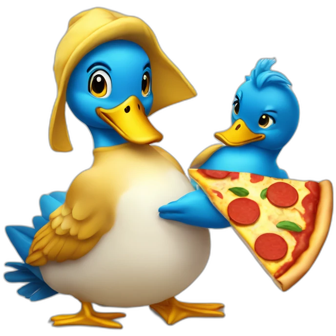 mignon canard bleu et jaune qui mange une pizza emoji