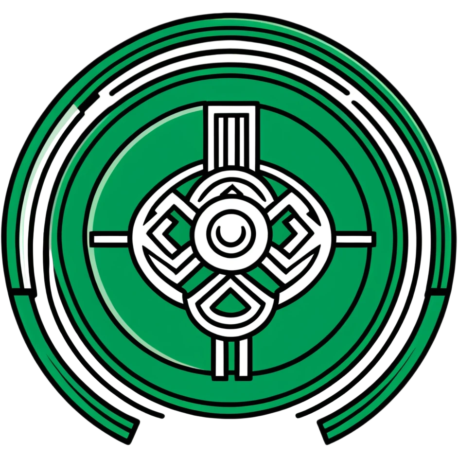 Minimalist ancient Maya symbol with clean lines, predominantly white with deep green and black accents, inspired by sacred geometry emoji