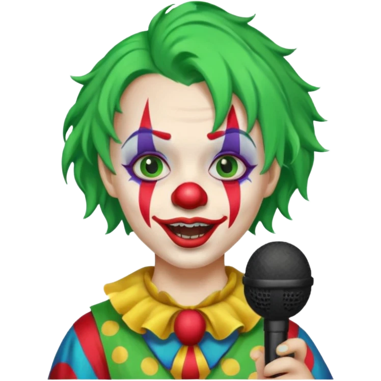 green haired, clown face painted, holding microphone, singing emoji