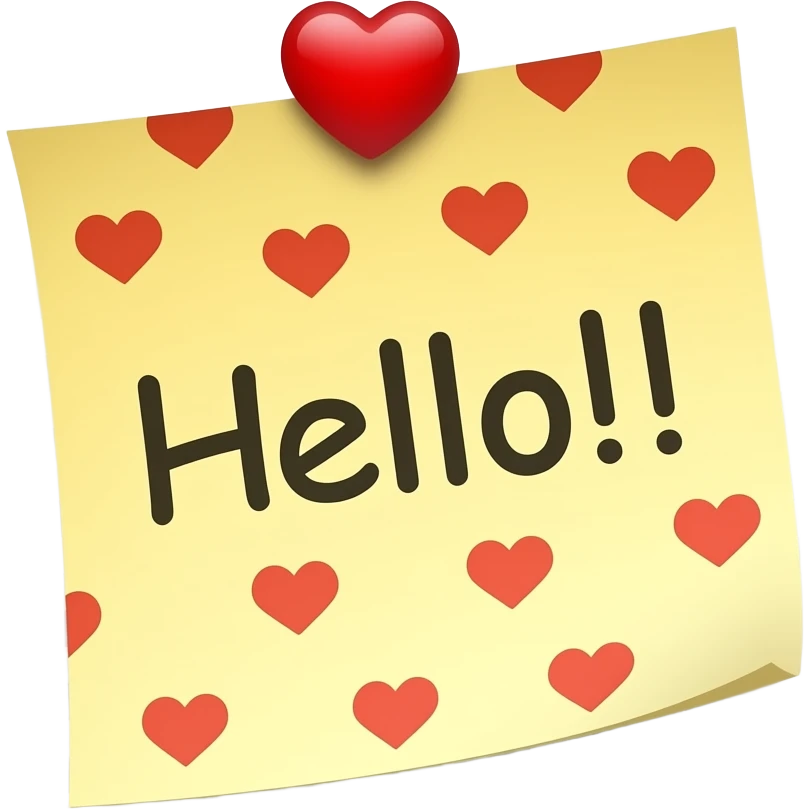 sticky note that says "Hello!!" with many tiny red heart in transparent background emoji